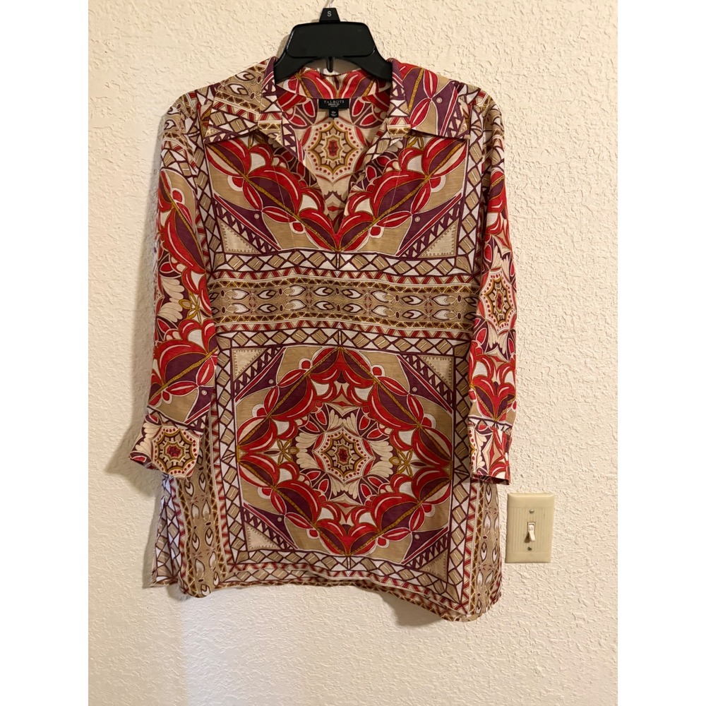 Talbots Petites Silk Linen Blend Geometric Medallion Tunic Top Red Gold 10P